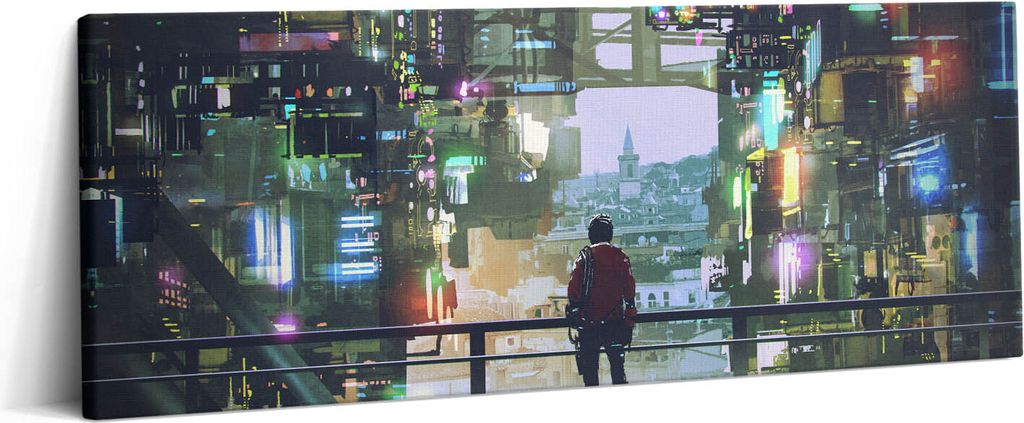 Cyber Punk Stadt – Leinwandbild Wandbild – 125x50 cm – Leinwandbilder – Wandbilder – Schlafzimmer – Flur
