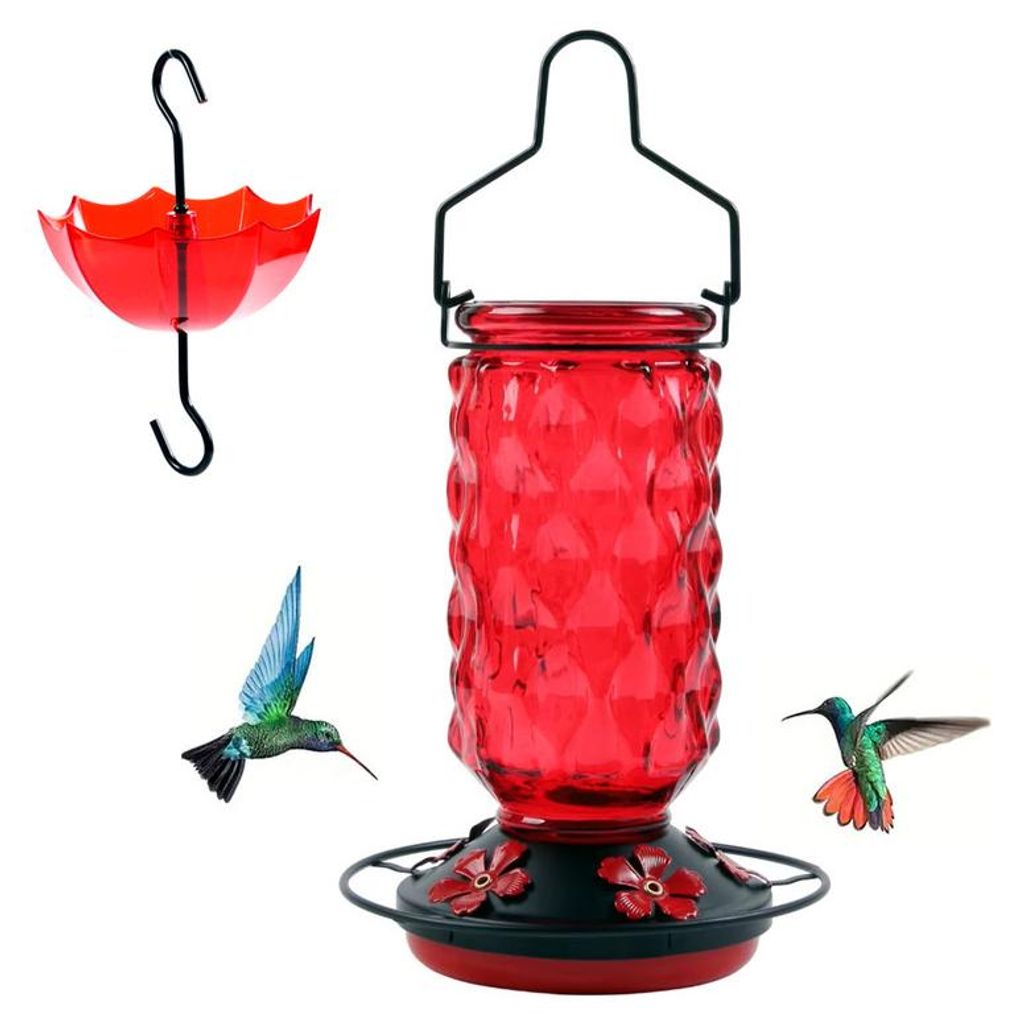 Hängender Kolibri Futterspender 473ml Glas 16oz 5 Trinköffnungen Anti Ameisen Schutz rot wetterfest robust mit S-Haken für Garten Vogelhaus