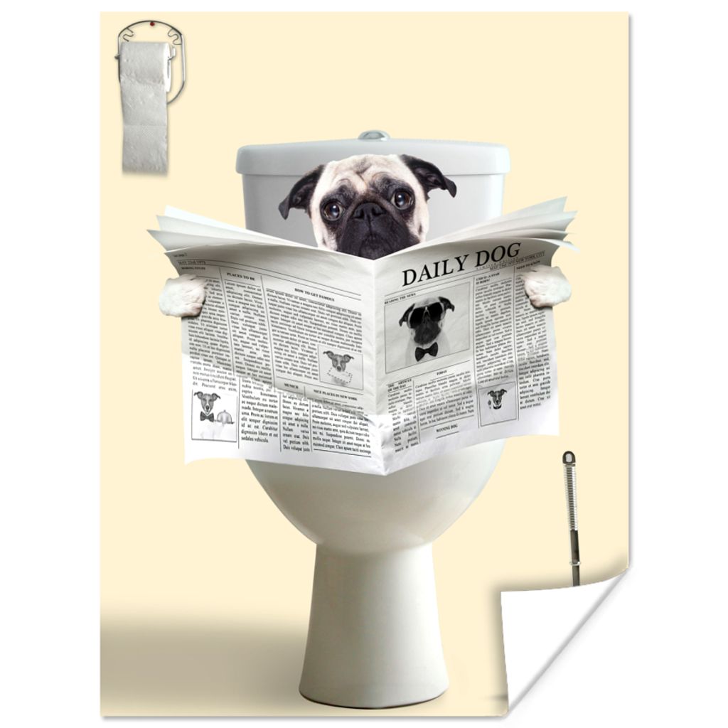 MuchoWow Poster Hund - Mops - Toilette - Zeitung - Tier 90x120 cm - Wohnzimmer