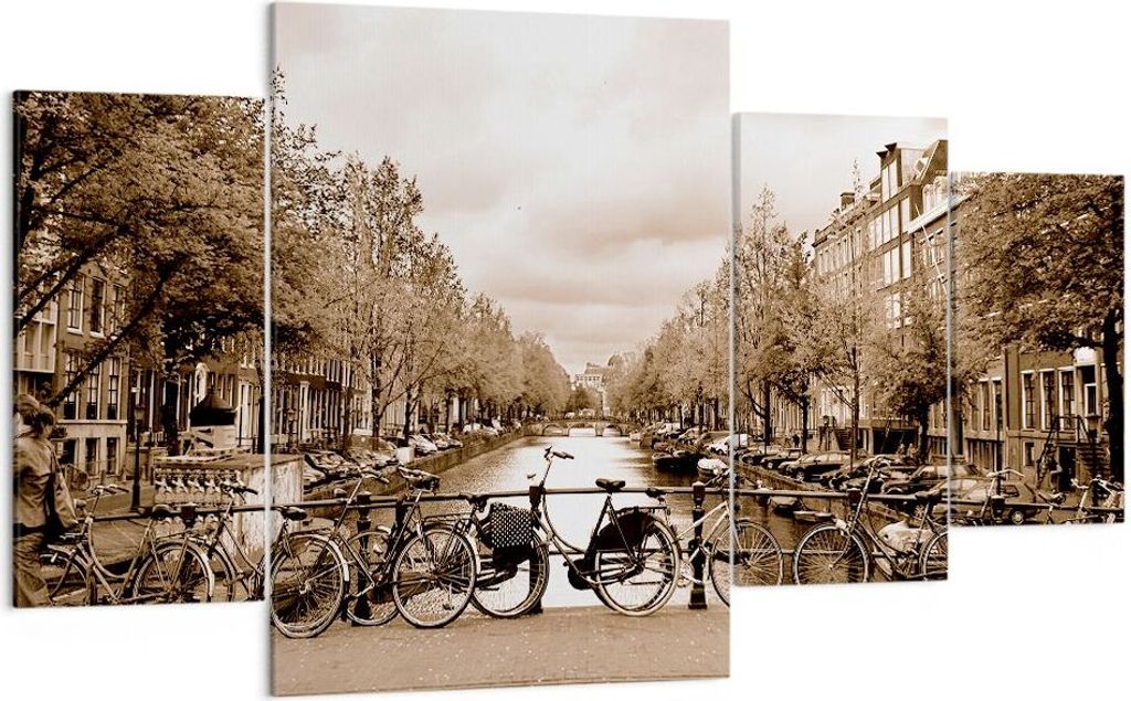 Bild auf Leinwand - Leinwandbild - Kanal Fahrräder Amsterdam Zentrum - 160x90cm - Wand Bild - Wanddeko - Leinwanddruck - Bilder - Kunstdruck - Lei...