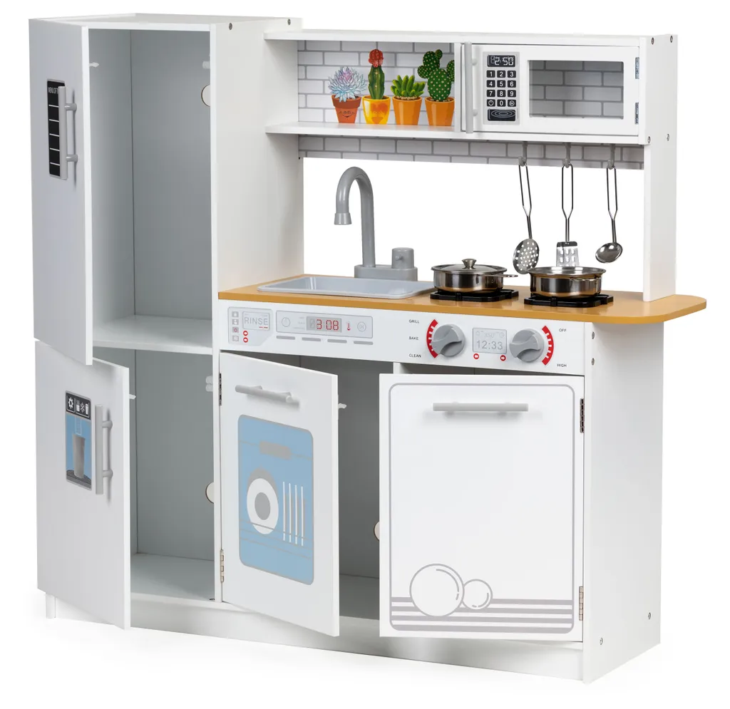 Cuisine bois enfant lumineuse LED interactive avec batterie de cuisine