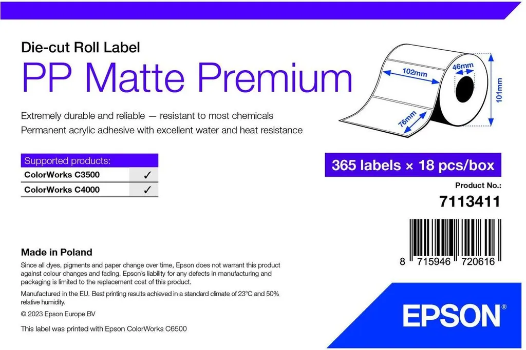 Epson Premium - polipropilene (PP) - opaco - adesivo acrilico permanente - 102 x 76 mm 6570 etichette (18 rotoli x 365) etichette fustellate