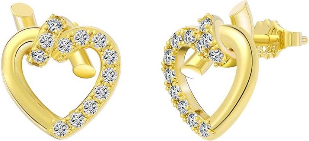 Suzan Gold Vergoldete 925 Silber Herz Ohrstecker für Damen mit Zirkonia | Goldfarbene, feminine Ohrringe Heartlink mit glänzender Oberfläche |...