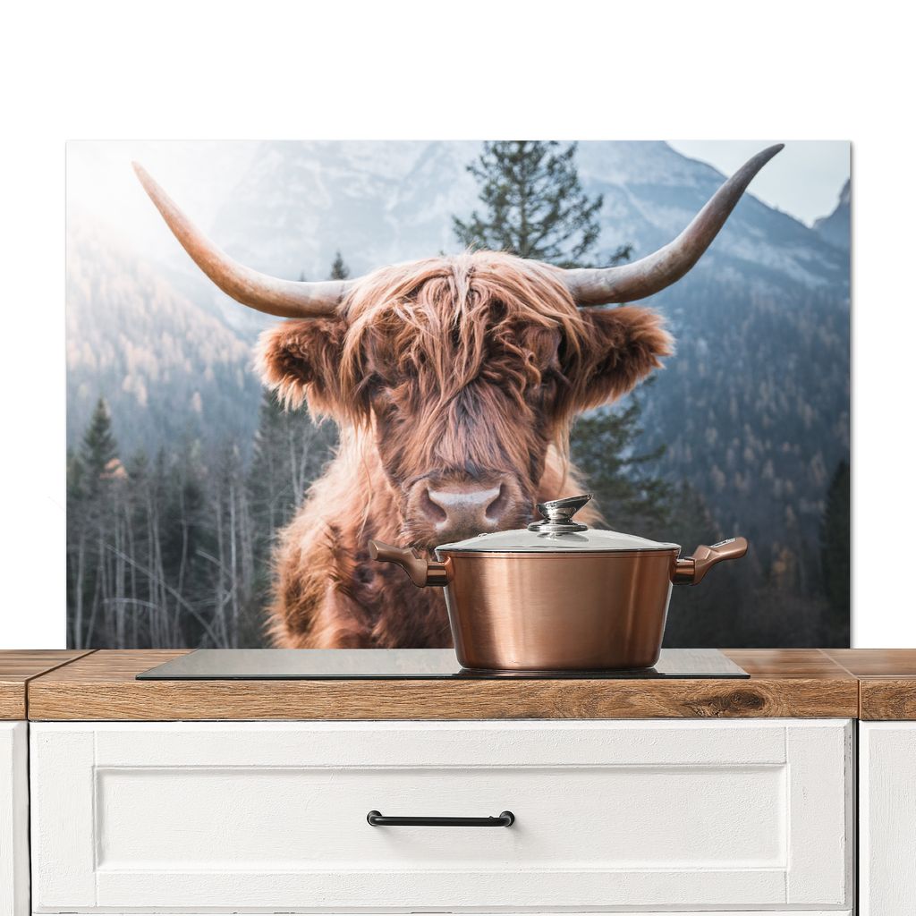 KitchenYeah Spritzschutz Küche - Küchenrückwand - Wandschutz für Herd und Spüle - Schottisches Hochlandrind - Kuh - Tiere - Berg - Natur 10...