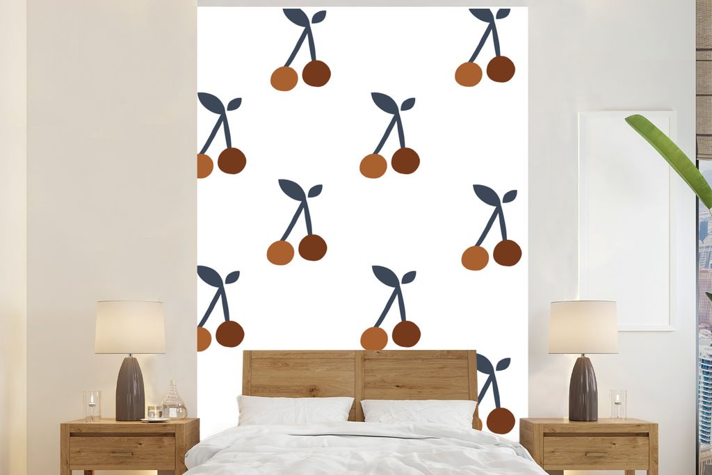 MuchoWow Fototapete für Wohnzimmer oder Schlafzimmer Wandtapete Vinyl Motivtapete Muster - Pflanzen - Kirschen - 170x260 cm - Wohnzimmertapete