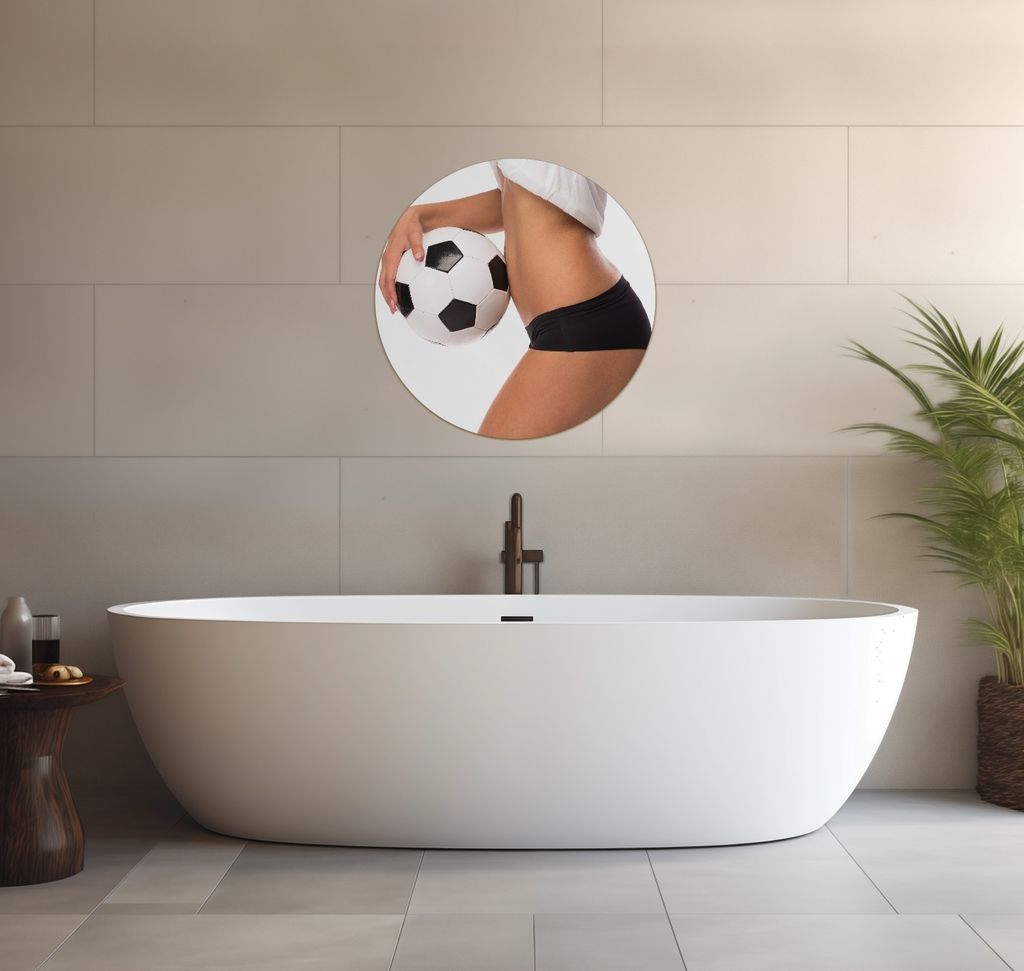 Wallario wasserfestes Poster selbstklebend 60 x 60 cm, Fußball - sexy Frau mit einem Fußball, Badezimmerposter Spritzschutz mit Hochglanzoberflä...