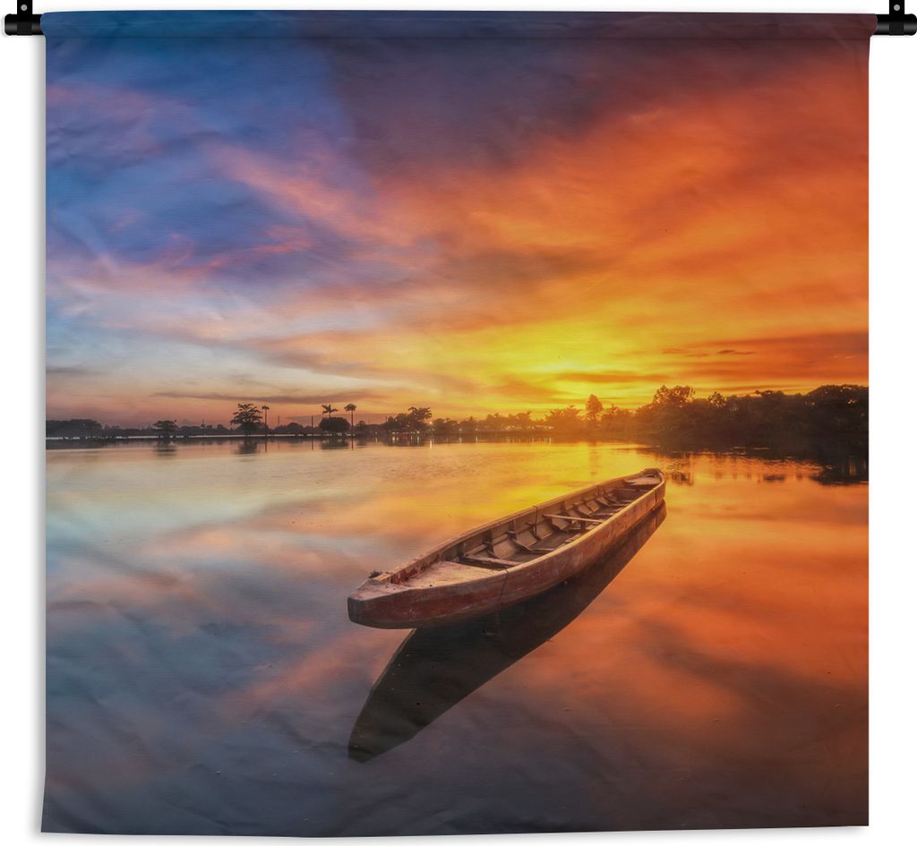 MuchoWow Wandteppich Wandbehang Boot - Wasser - Sonnenuntergang - Orange - Wasser 90x90 cm Tapisserie Dekoration Wandtuch - Wandaufhänger