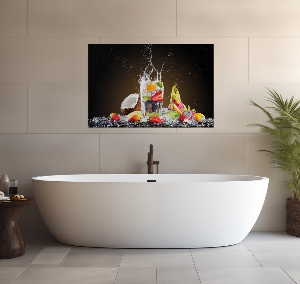 Wallario wasserfestes Poster selbstklebend 91,50 x 61 cm, Tropische Früchte in einem erfrischenden Drink, Badezimmerposter Spritzschutz mit Hochgl...