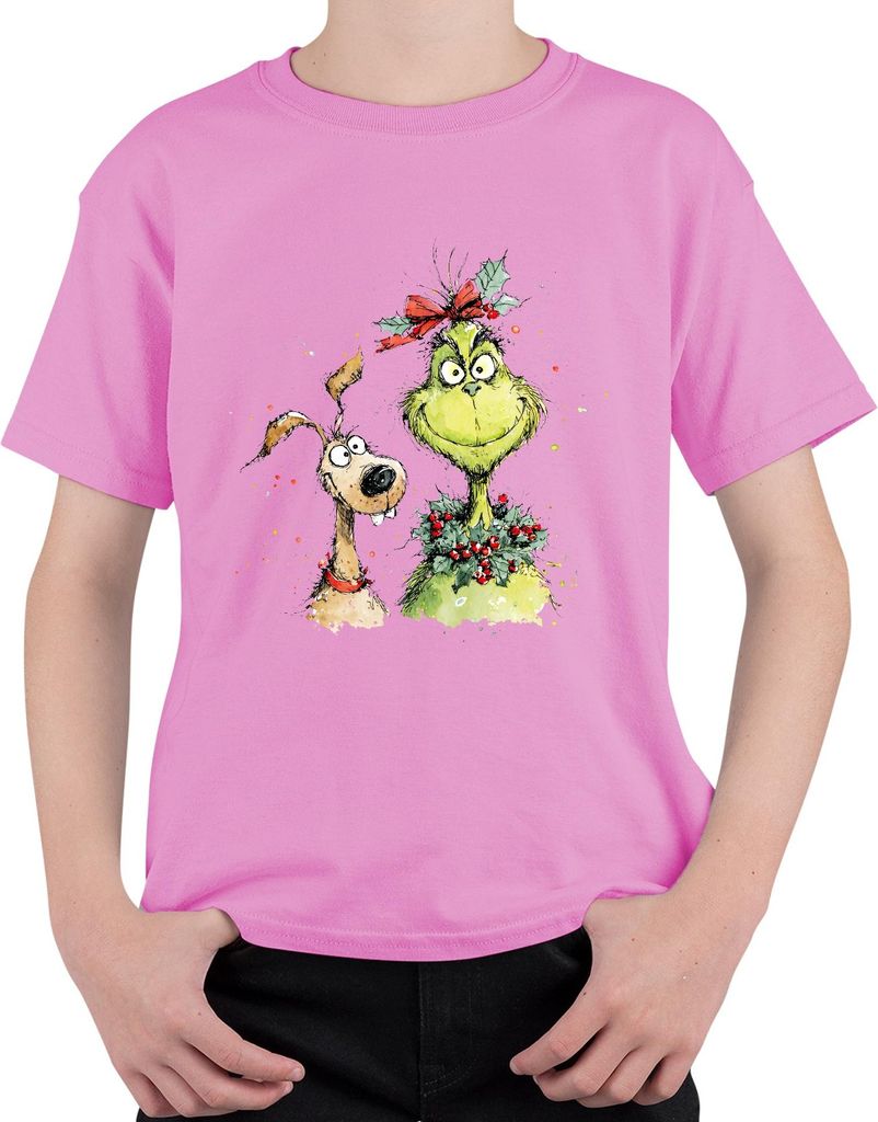 Grinch Weihnachtskranz Schleife mit Hund lustig Weihnachten Uni Kinder T-Shirt, Pink, 152