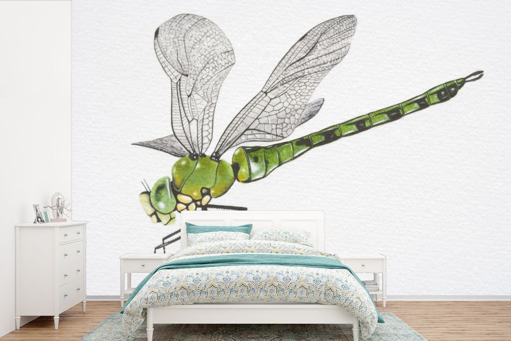 MuchoWow Fototapete für Wohnzimmer oder Schlafzimmer Wandtapete Vinyl Motivtapete Eine Illustration einer grünen Libelle auf einem weißen Hint...