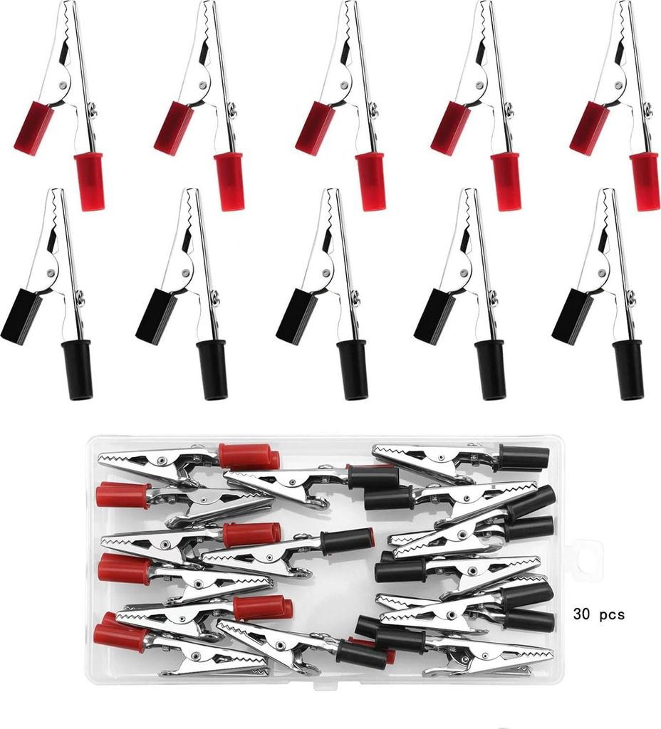 Robuste Krokodilklemmen 30x | 12V-tauglich | Metallklemmen + Kunststoffgriff | Labor/Werkstatt/Heimwerker