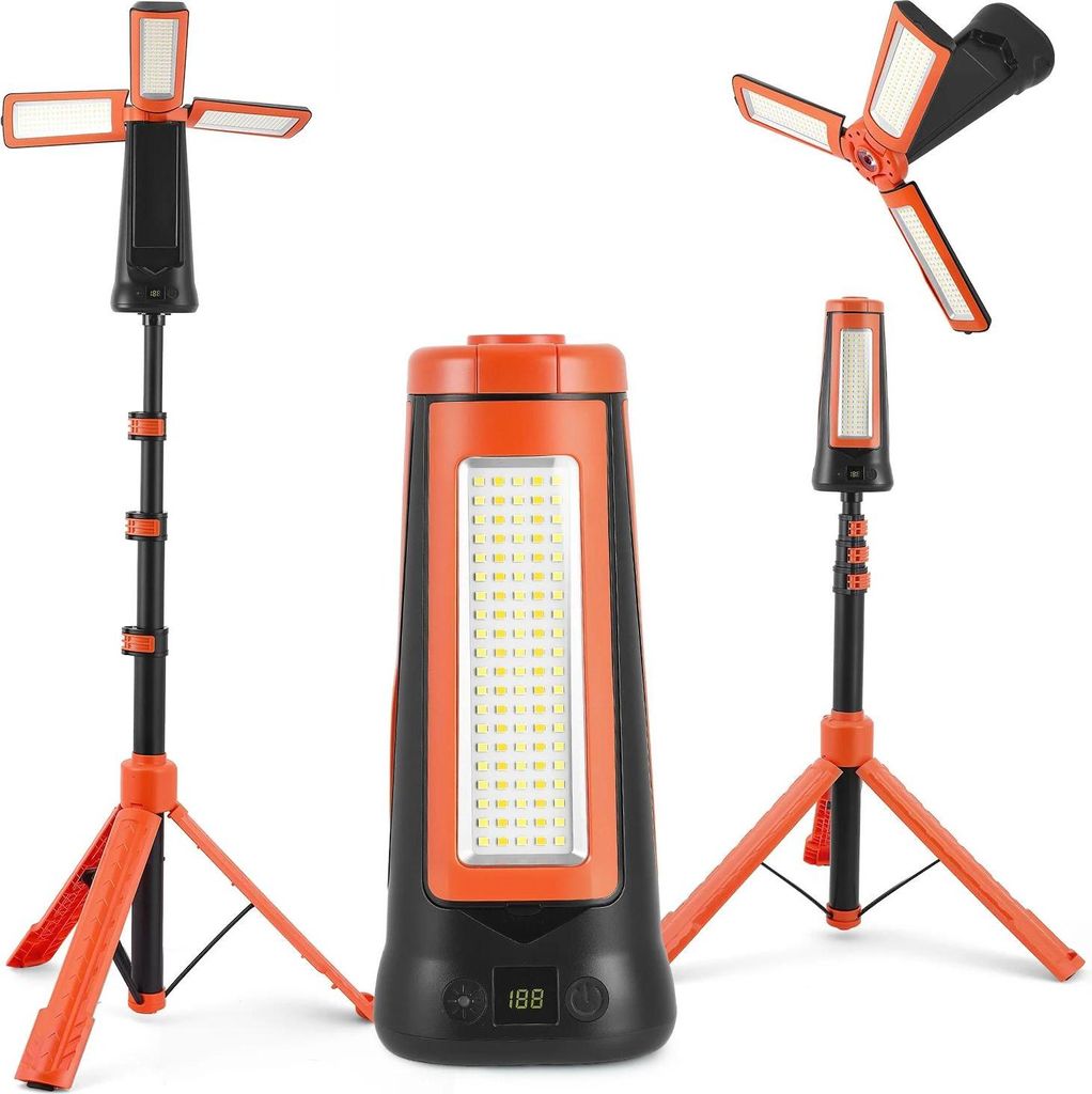Campinglampe und Arbeitsleuchte - Wiederaufladbare LED-Lampe - Akku 9000 mAh - Drei LED-Köpfe - Verstellbares Stativ - Kabellos tragbar - Orange