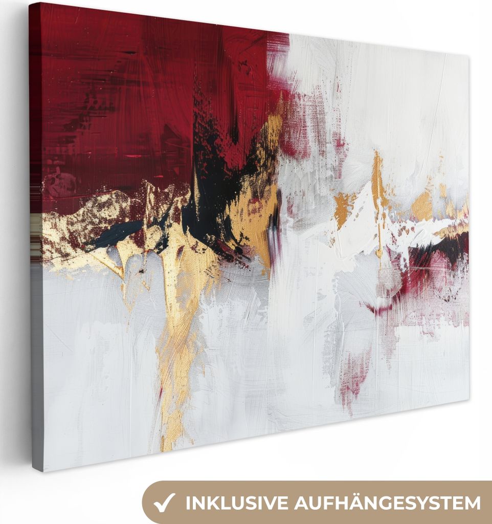 MuchoWow - Leinwandbilder - Rot - Marmor - Abstrakt - Gold - Modern, Wandbild, Wanddeko Bilder Wohnzimmer, 120x90 cm