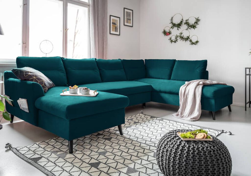 MIUFORM Stylish Stan - Ecksofa mit Bettfunktion und Bettkasten U-FORM RECHTS - 300x198cm - Velours Türkis - Sofa Schlafsofa Couch