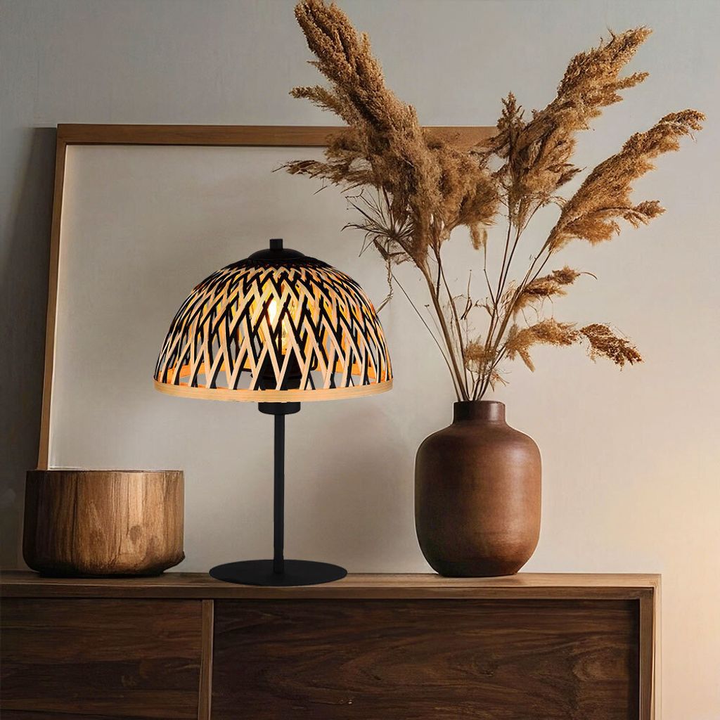 Tischlampe, Metall, Schwarz-matt, Bambus, H 37 cm