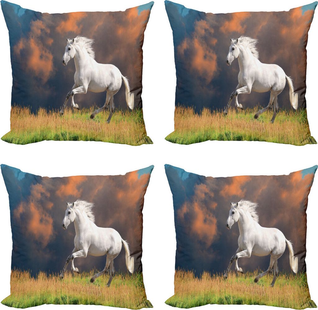 ABAKUHAUS Pferde Kissenbezug Set (4 Stück), Andalusier Dusk, Moderner Doppelseitiger Digitaldruck, 45 cm x 45 cm, Weiß Orange Grün