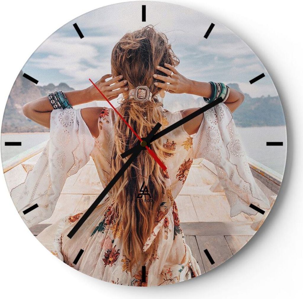 Wanduhr - Rund - Glasuhr - Frau Boot Rücken - 30x30cm - Schleichendes Uhrwerk - Lautlos - zum Aufhängen bereit - Dekoration Modern - Wanddekorati...