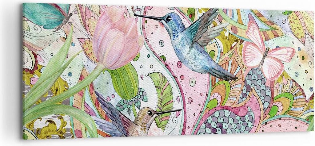 Bild auf Leinwand - Leinwandbild - Vogel Schmetterling Blume - 120x50cm - Wand Bild - Wanddeko - Leinwanddruck - Bilder - Kunstdruck - Wanddekorati...