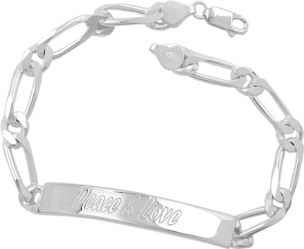 Peace u. Love Schildband Armband Figarokette diamantiert 925 Silber 21cm Herren