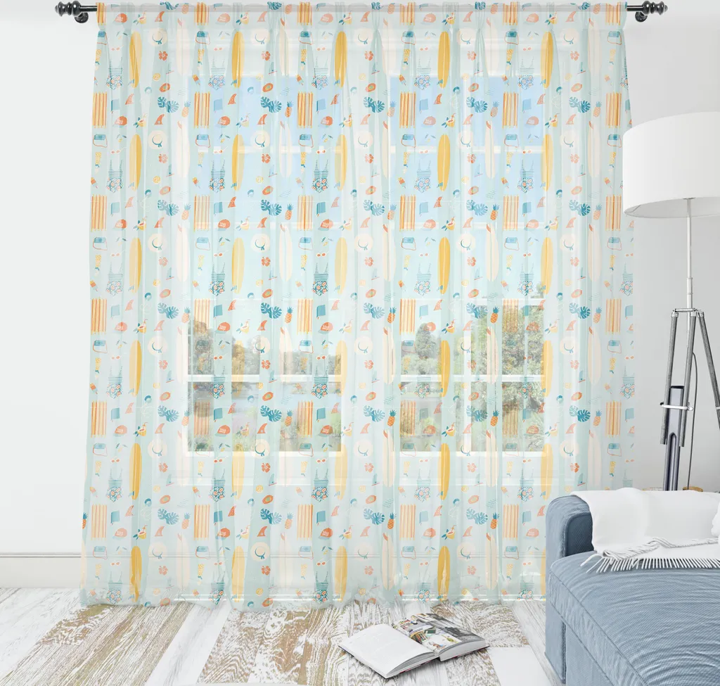 ABAKUHAUS Hawaii Arazzo, Surfista Estate Tavola da surf Gelato Bikini Ananas, Soggiorno Camera da letto Tessuto da parete in raso setoso, 274 cm x 274 cm, Azzurro e Multicolore