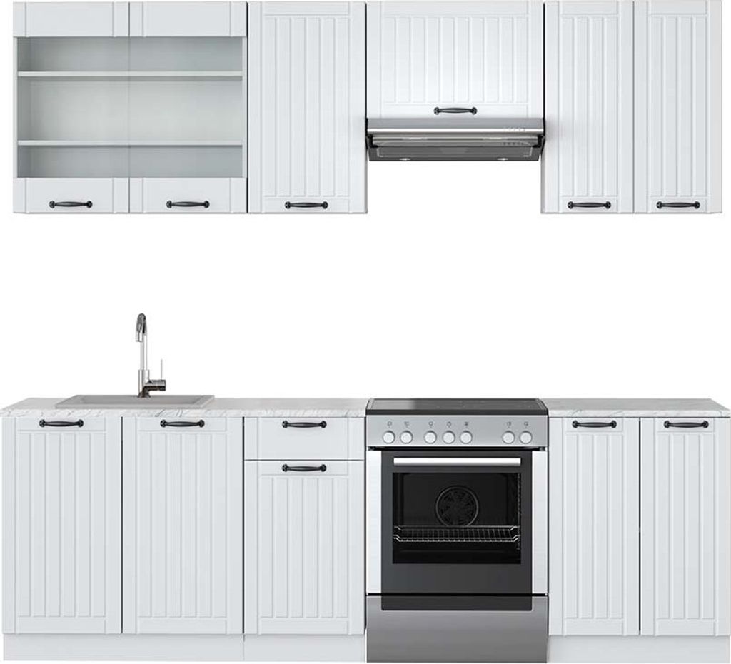 Küchenzeile Vicco Fame-Line Weiß Landhaus/Weiß 240 cm , AP Marmor, Model 42478