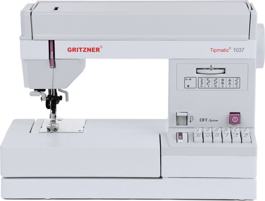 A white Gritzner Tipmatic 1037 sewing machine is shown from a front-facing, slightly elevated angle against a white background.