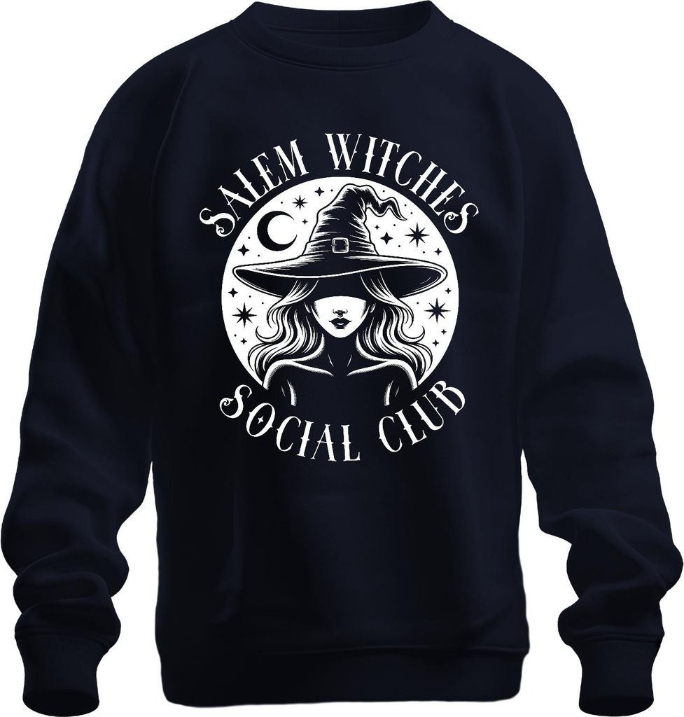 Salem Witches Social Club Halloween Hexenhut Mond Sterne Mystisch Vintage Uni Sweatshirt Pullover, Navy, XL