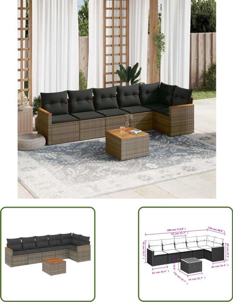 The Living Store 7-tlg. Garten-Sofagarnitur mit Kissen Grau Poly Rattan