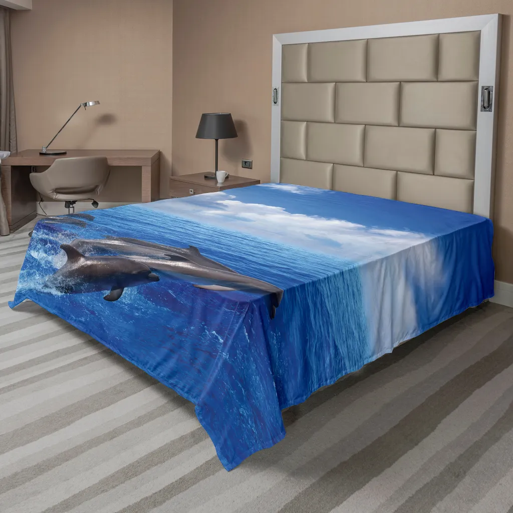 Drap plat microfibre dauphin bleu et blanc, textile de lit confortable
