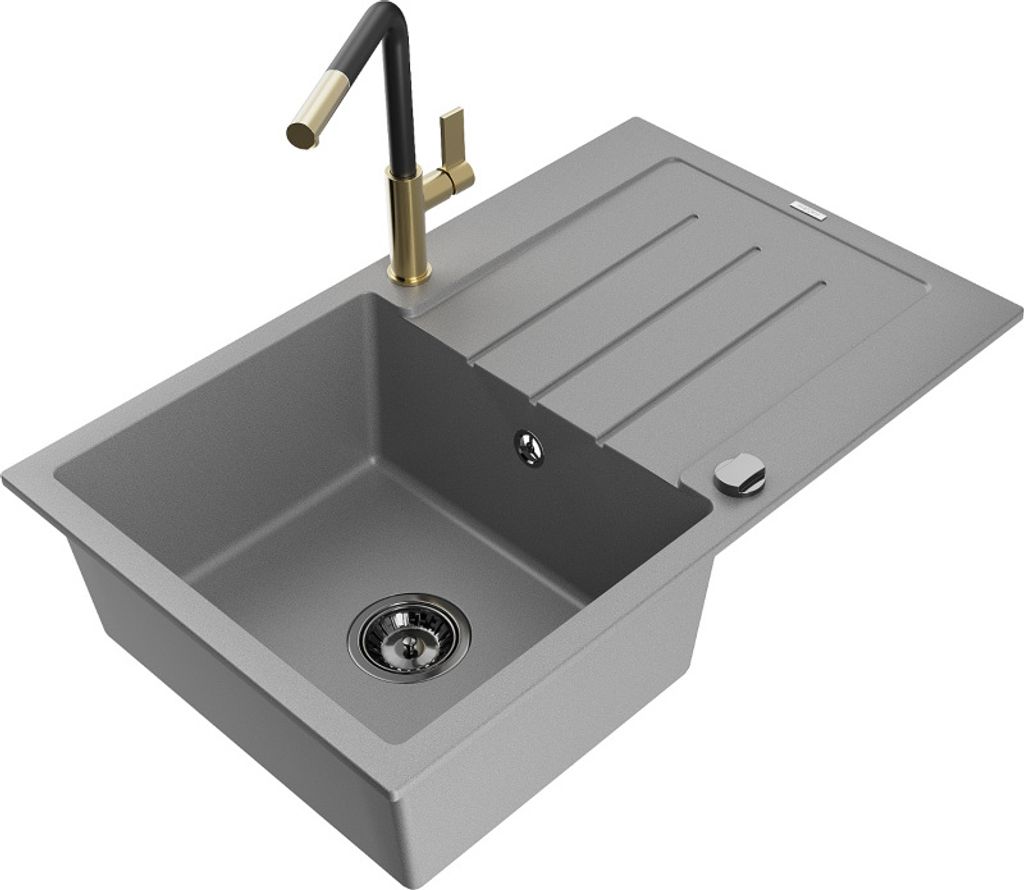 Mexen Bruno 1 Becken-Granitspüle mit Abtropffläche und Mischbatterie Flora, Grau - 6513-71-670401-57-B