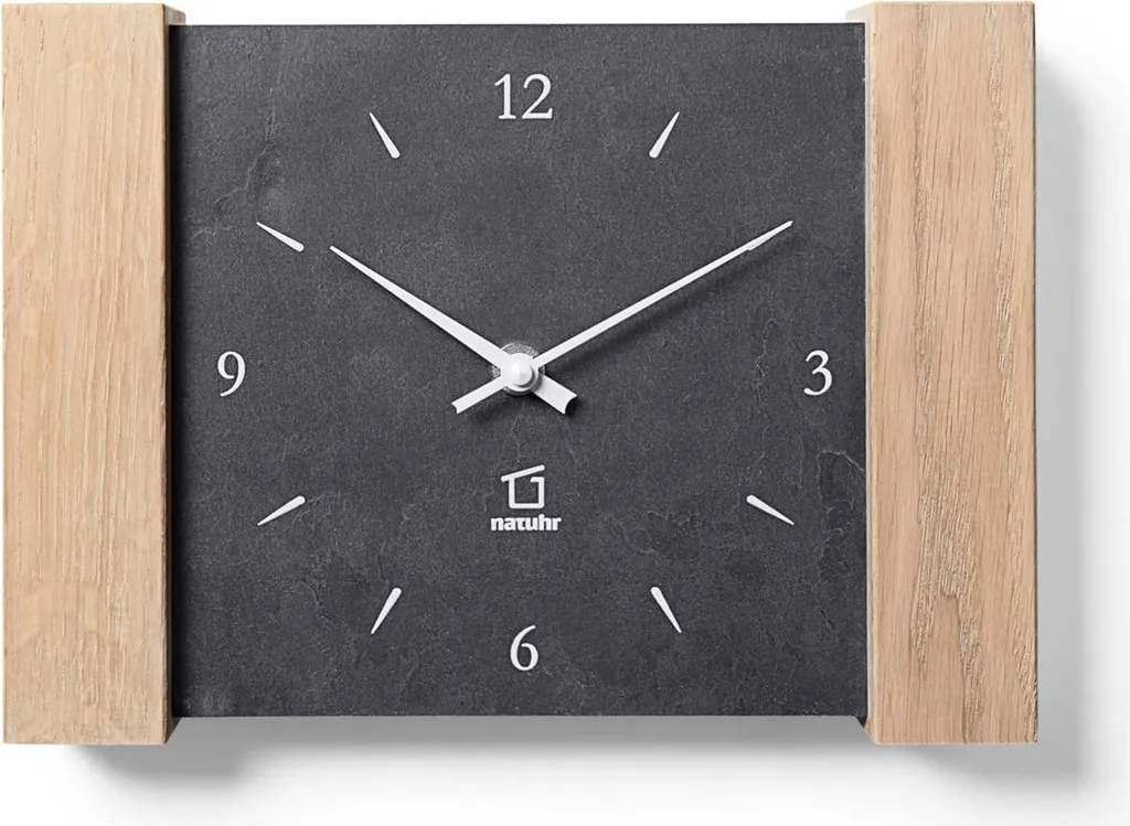 Horloge Murale Radio-pilotée en Chêne Massif et Ardoise Véritable Natuhr
