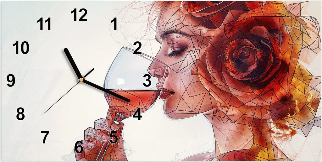 Wanduhr aus Glas mit Motiv Weintrinkende Frau- 60 x 30 cm - inkl. Aufhängesystem