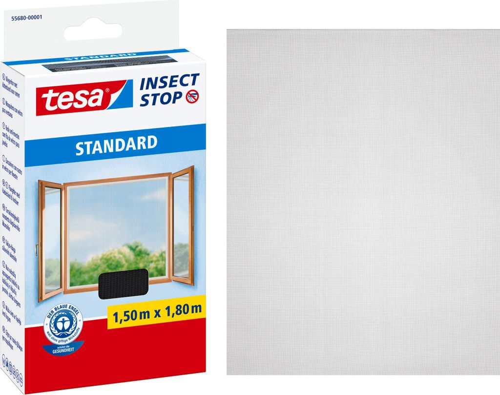 tesa Fliegengitter Standard Insektenschutz Fenster ohne Bohren grau 1,5 x 1,8 m