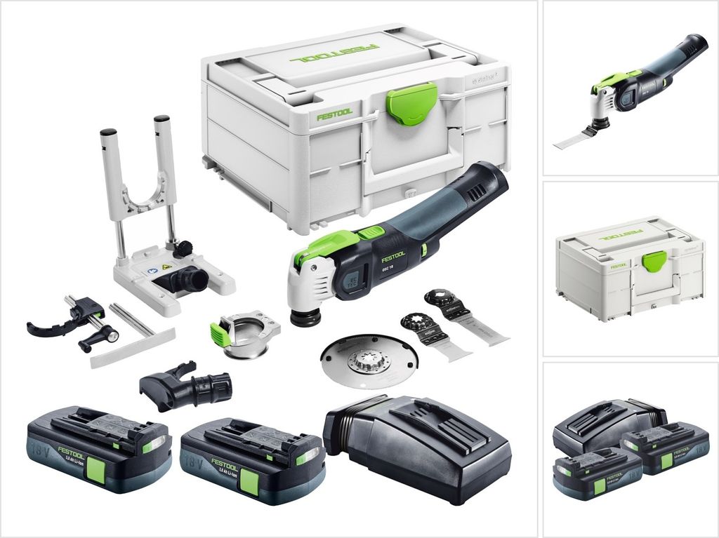 Festool VECTURO OSC 18 E-Basic Set Akku Oszillierer 18 V Starlock Max Brushless + 2x Akku 3,0 Ah + Ladegerät + 7 tlg. Zubehör Set + Systainer