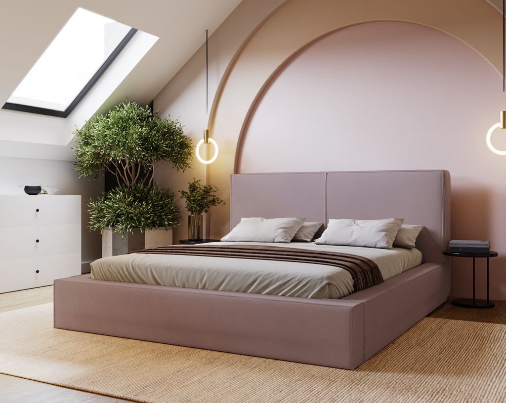 Polsterbett 200x200 Morin - Doppelbett mit dicker Schaumstoff - Lattenrost, Bettkasten - Samt Rosa