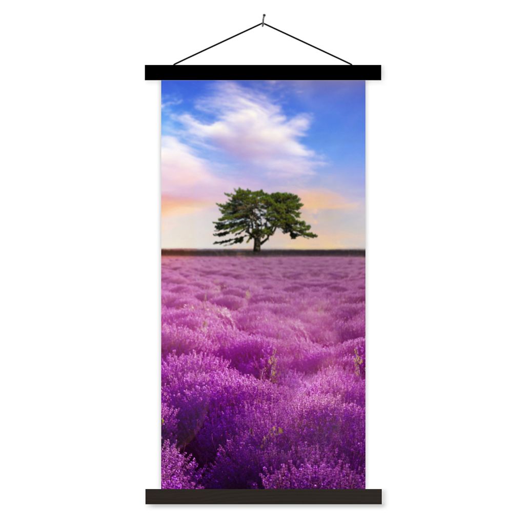 MuchoWow Textilposter Lavendel - Baum - Sonnenuntergang - Lila 90x180 cm mit schwarzem Rahmen - Dekoration Wohnzimmer