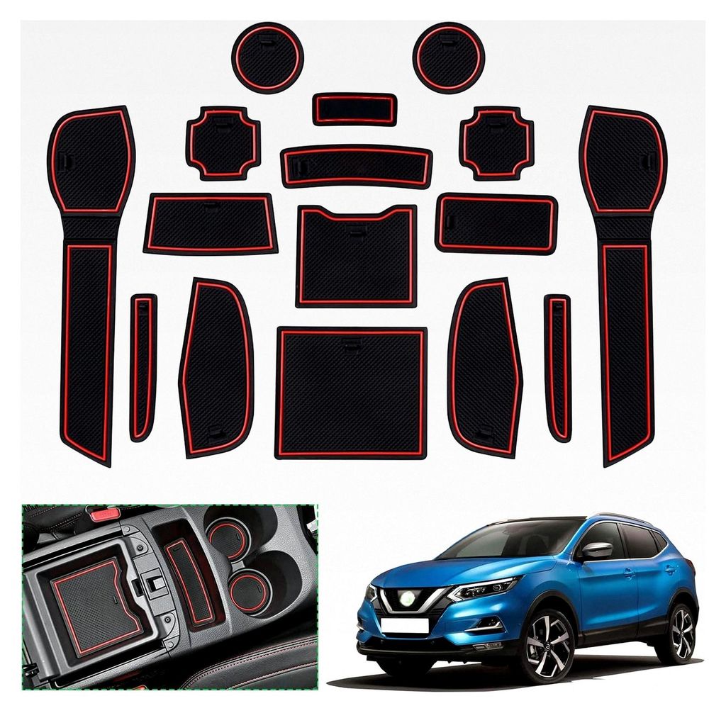 Rutschfeste Gummimatten für Mittelkonsole, Aufbewahrungsbox und Türnaht für Nissan Qashqai J11 (Rot)