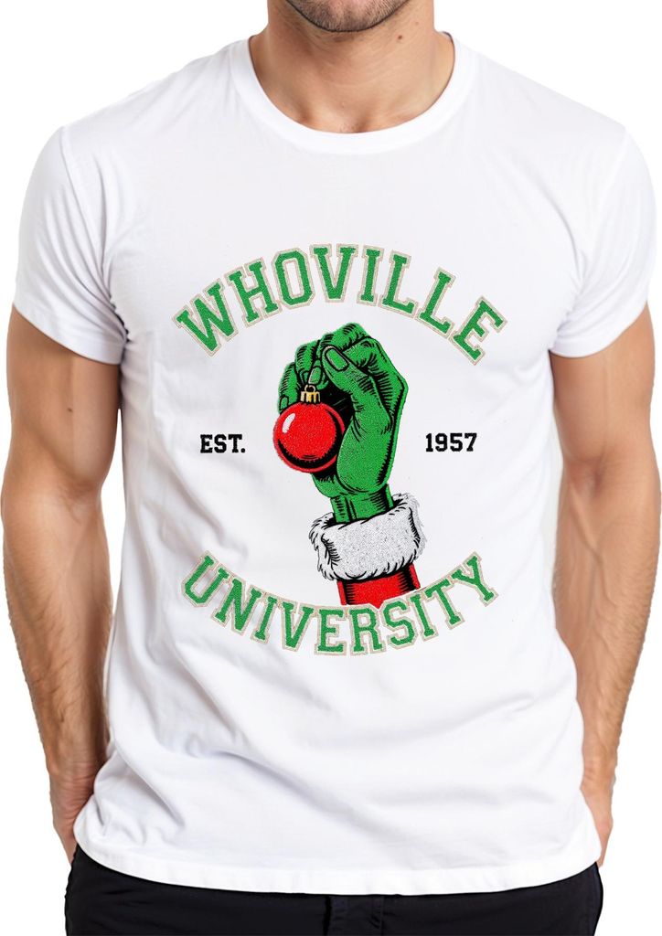 WHOVILLE UNIVERSITY Grinch Weihnachten Christbaumkugel Retro Herren T-Shirt, Weiß, XL