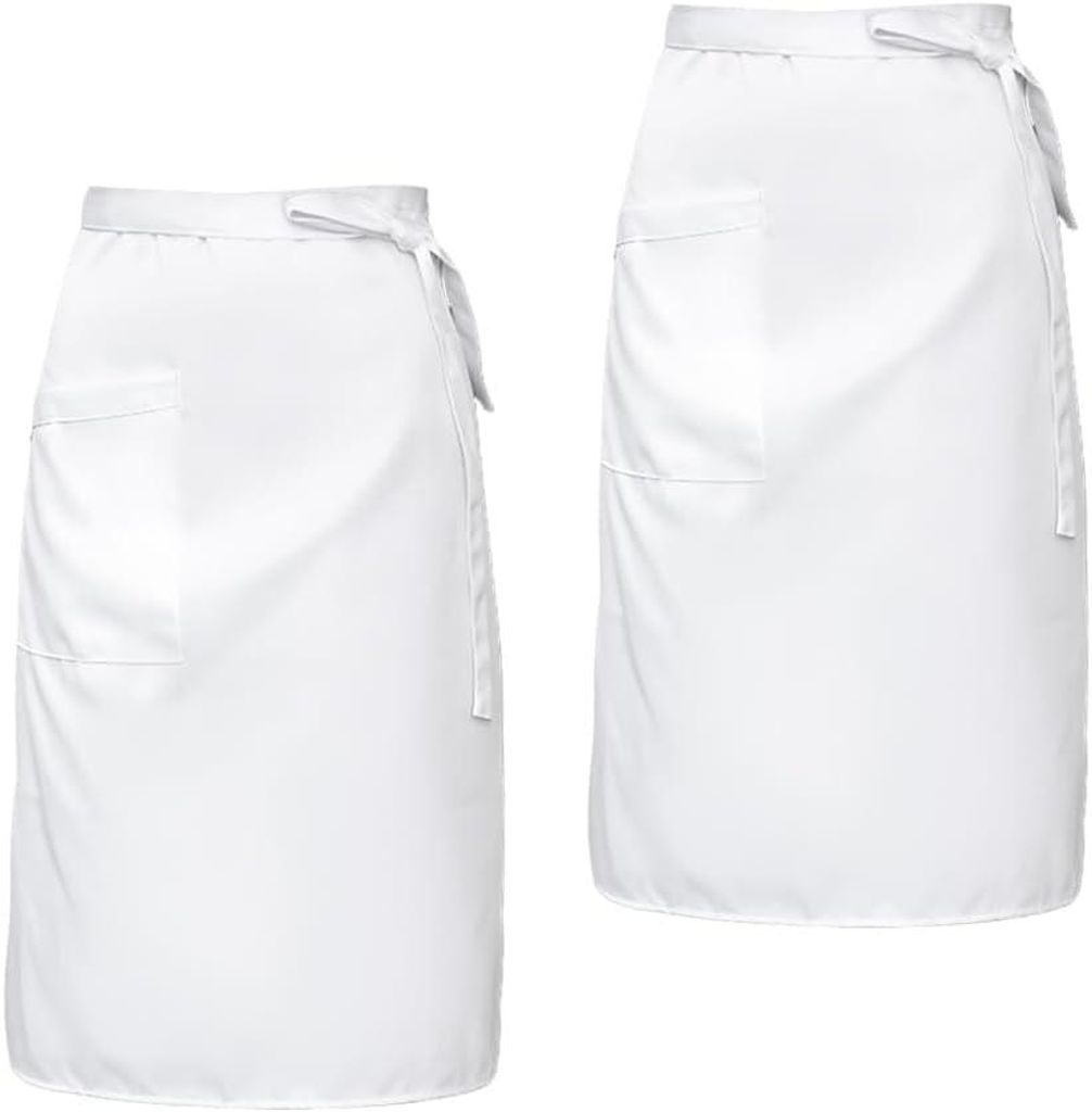 Set aus 2 weißen Kellnerschürzen, geeignet für Damen und Herren, mit Taschen, lang, für den Einsatz in Cafés, Bistros und Konditoreien.