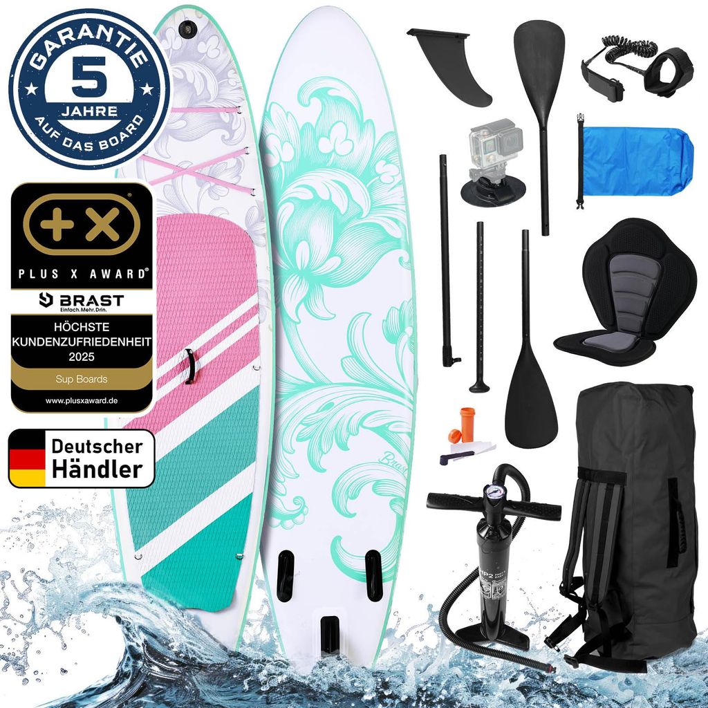 BRAST SUP Board Lady | Aufblasbares Stand up Paddle Set für Frauen | 300cm | inkl. Sonderzubehör | 2in1 Paddel Kajak-Sitz Action-Cam-Halterung Fu...