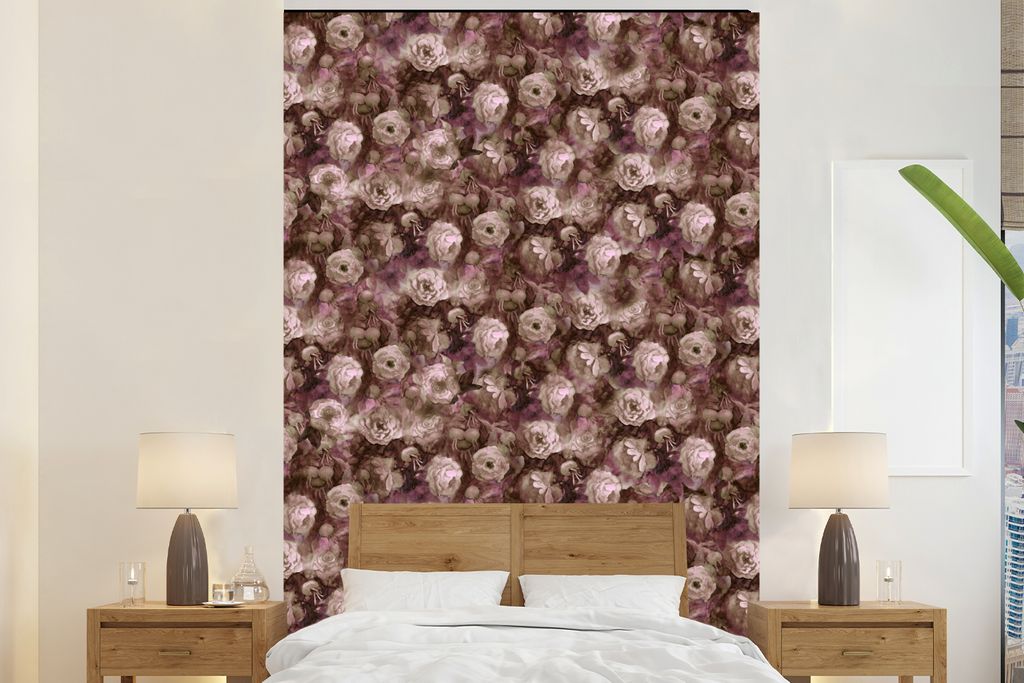 MuchoWow Fototapete für Wohnzimmer oder Schlafzimmer Wandtapete Vinyl Motivtapete Rosen - Blumen - Ölfarbe - 170x260 cm - Wohnzimmertapete