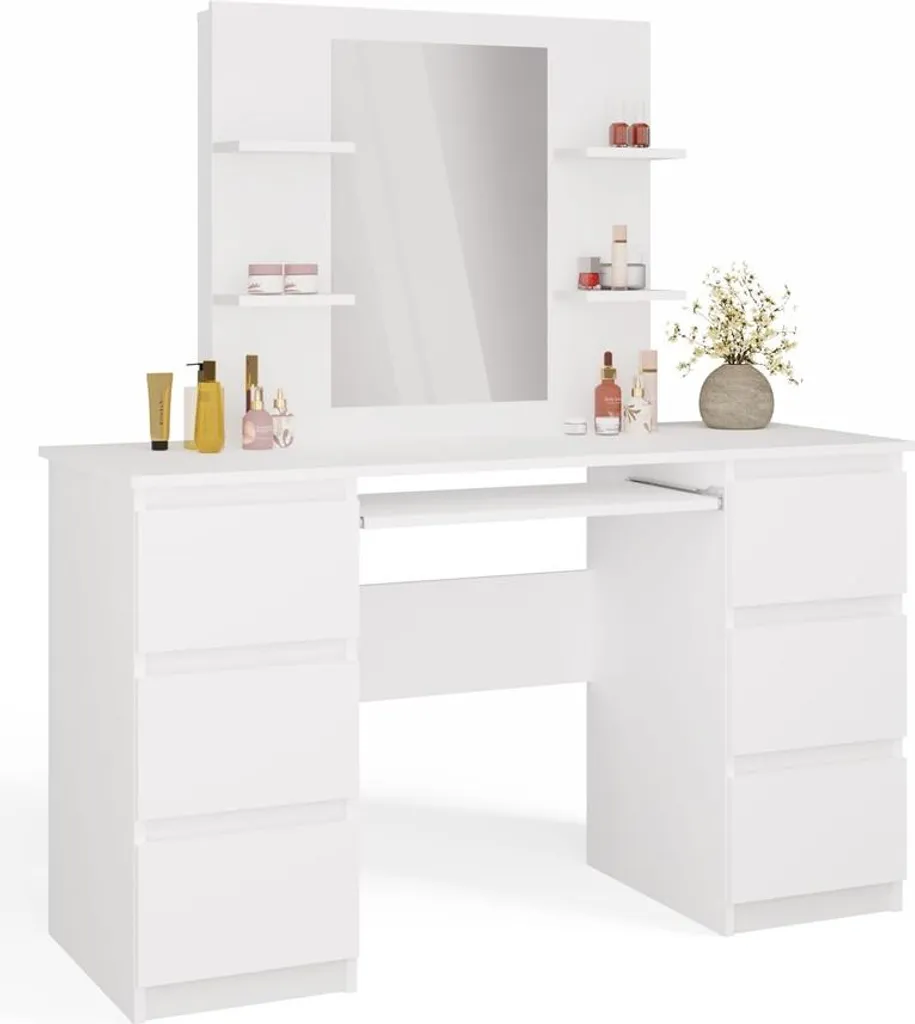 Coin maquillage avec miroir et bureau de travail blanc MARINA 4 niches