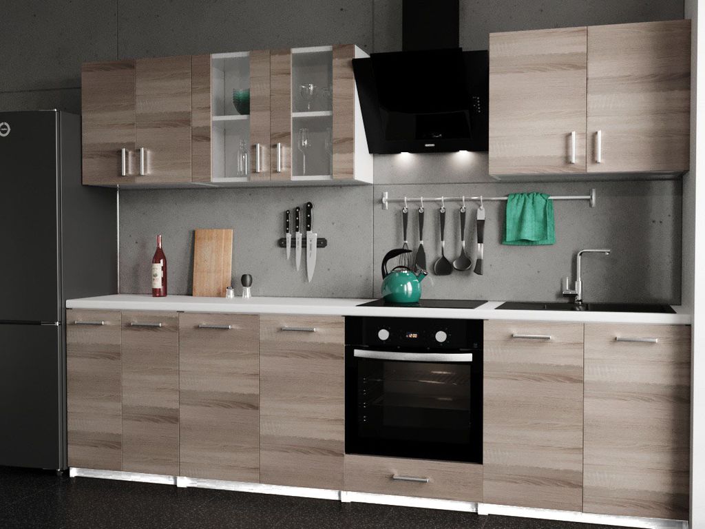 A modern kitchen setup with wooden cabinets, a black oven, and a black refrigerator.