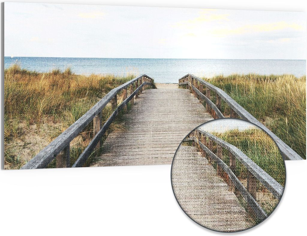 DEQORI Hybrid Leinwand Bild 100x50 cm 'Steg ins Blaue' Wandbild Glas flach modern