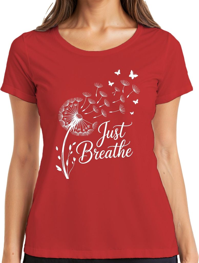 Just Breathe Pusteblume Schmetterling Achtsamkeit Yoga Meditation Damen T-Shirt, Rot, L