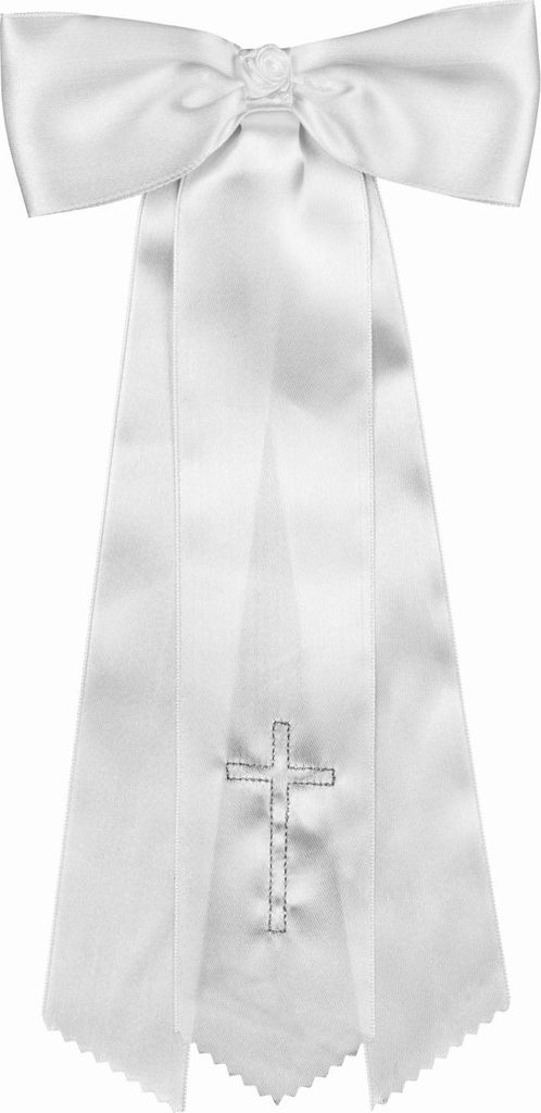 INNA-Glas Dekoschleife für Kerzen ALESANDRA aus Satin, mit Kreuz, weiß-Silber, 30cm, Ø5cm - Kerzenschleife