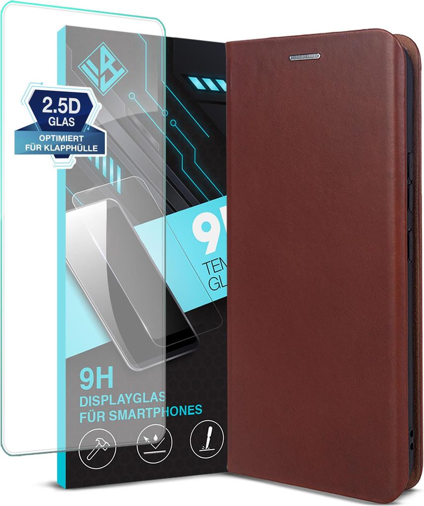 Handyhülle für Samsung Galaxy A57 5G mit 9H Displayglas Echtleder Flip Cover Hülle Case Kartenfach RFID Schutz Farbe: Dunkelbraun