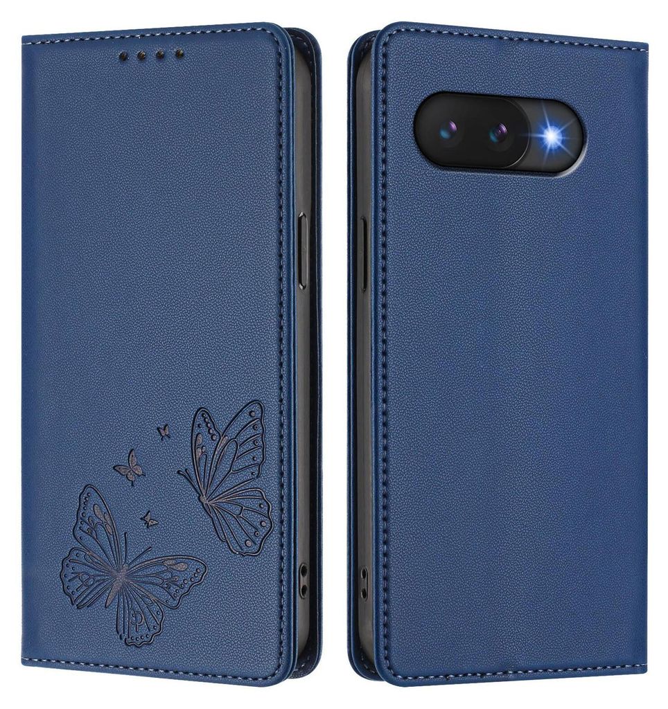 Lederhülle für Google Pixel 9A, Schmetterling Prägung Leder Brieftasche Schutzhülle mit Ständer Dunkelblau