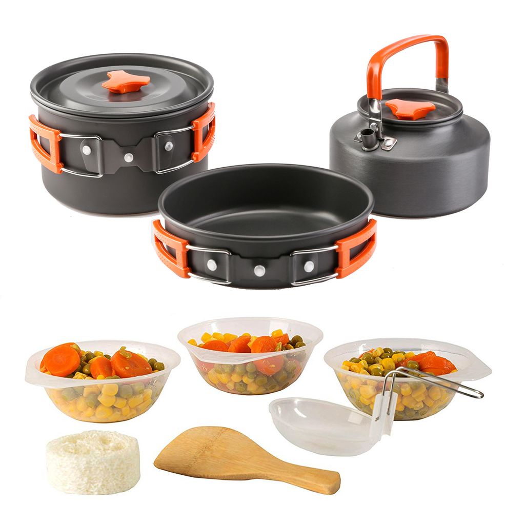 Camping Kochgeschirr Set Pfanne Teekanne Topf 10-teiliges Outdoor Picknick Töpfen aus Aluminium für 2-3 Personen(Orange)