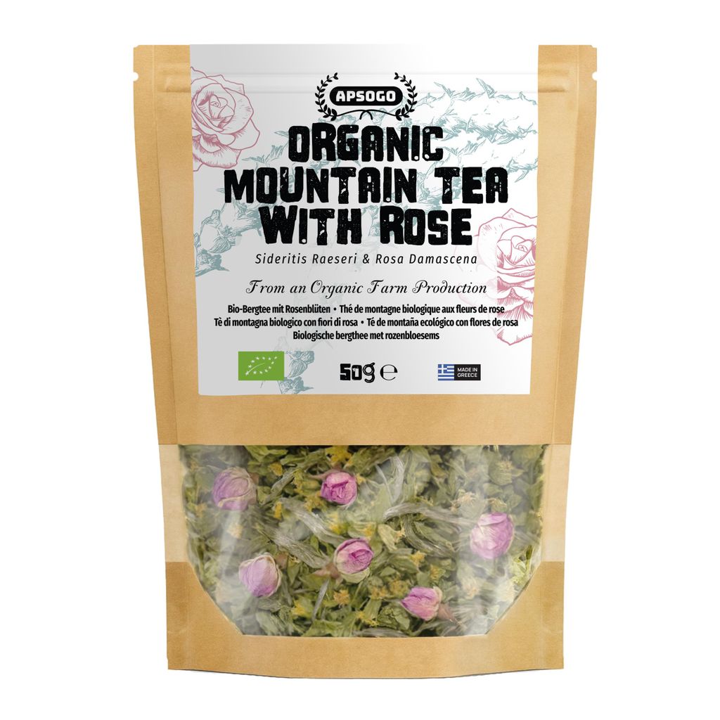APSOGO Griechischer Bergtee mit Rosenblüten - & ausgezeichneter Geschmack - Sideritis Scardica Bergtee aus Griechenland 50g
